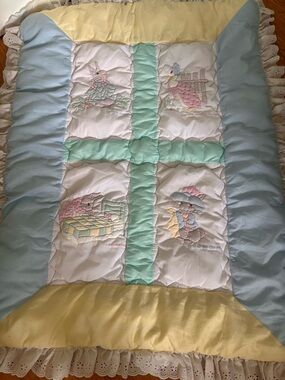 Vintage Pastel Bunny & Duck Embroidered Baby Quilt - Blue, Yellow, Mint